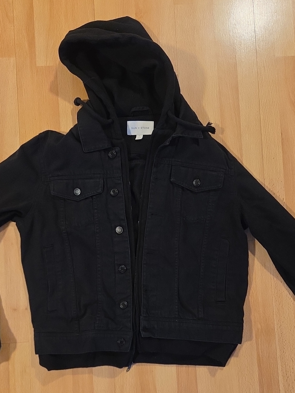 Sun + Stone Reeves Trucker Hooded Denim Jacket - Black - Attached Hoodie